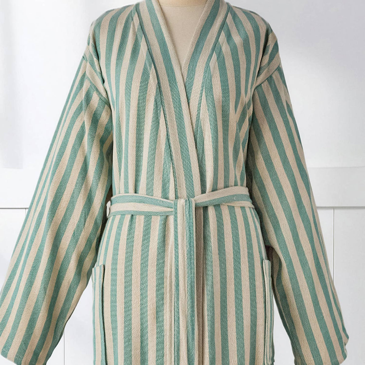 Sage green stripe Turkish cotton bathrobe – kimono, belted | Kikoya