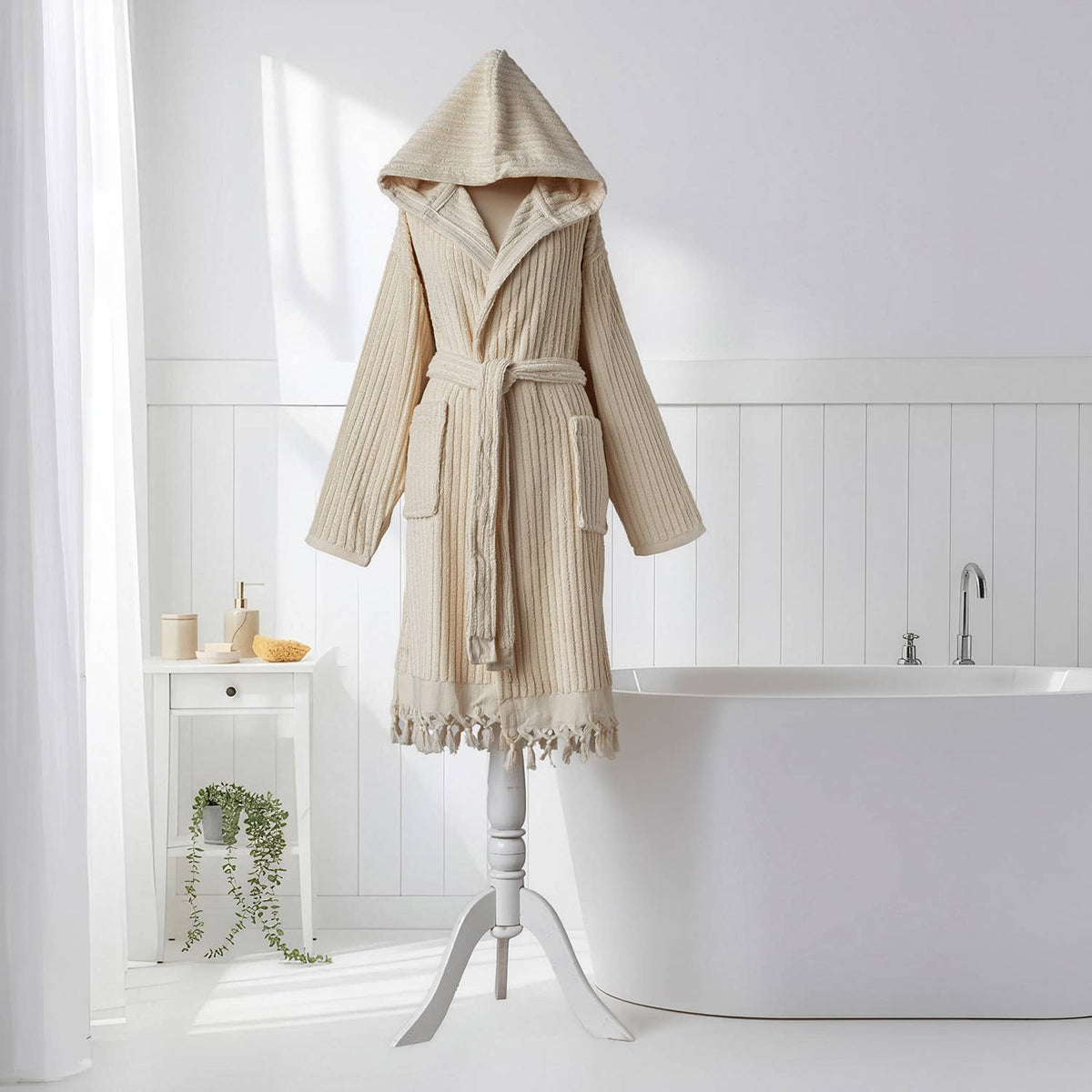 Pompom Turkish bathrobe – Natural Stripe, Hooded, styled view | Kikoya