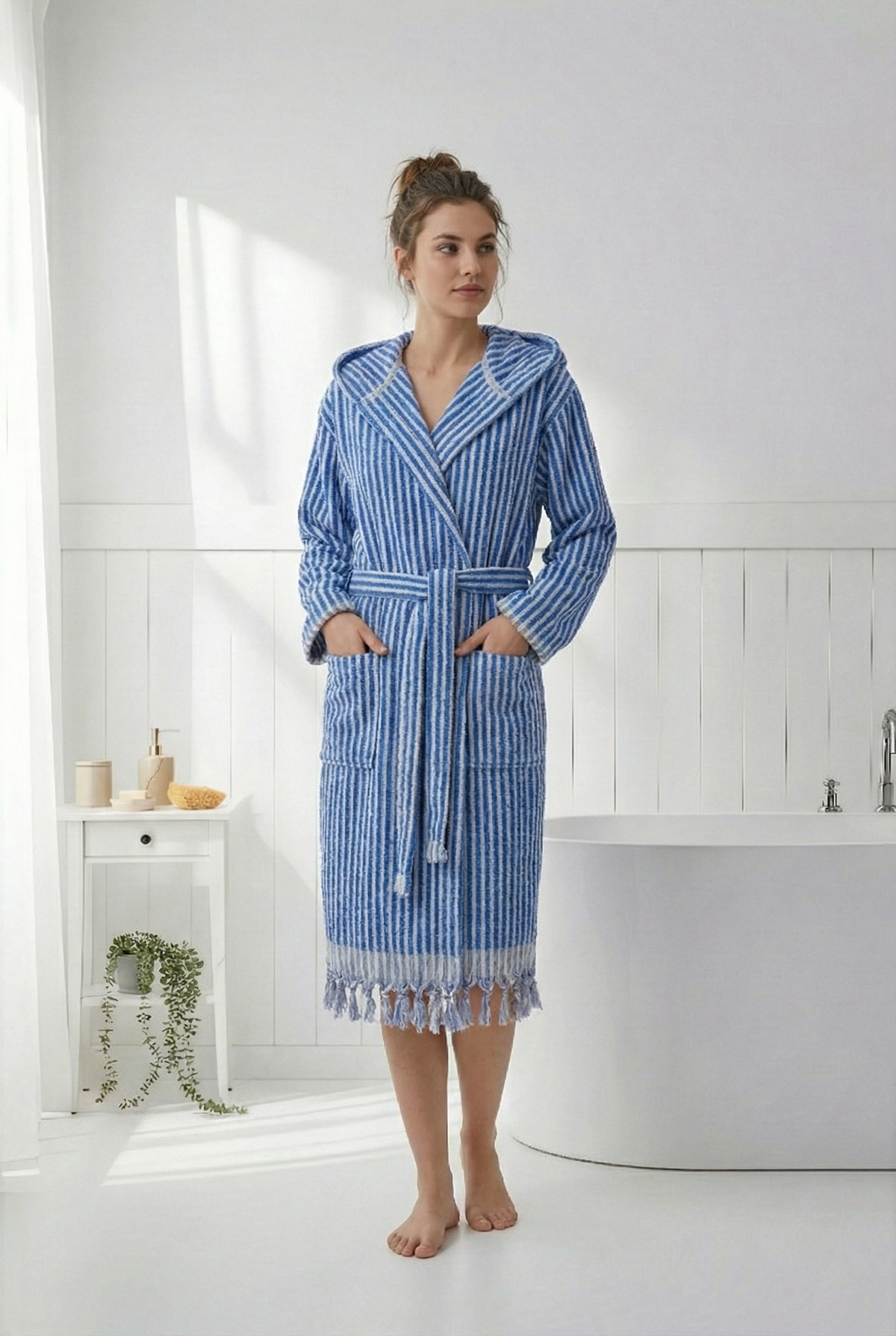 Pompom Turkish bathrobe – Blue & White Stripe, Hooded, front view | Kikoya