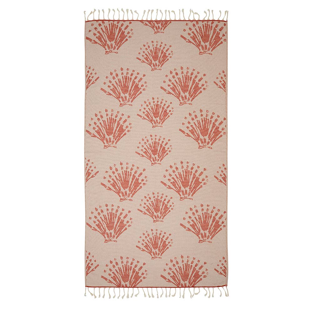 Pearls Turkish towel with coral-sprig jacquard and terry back, 35x70 in | Kikoya