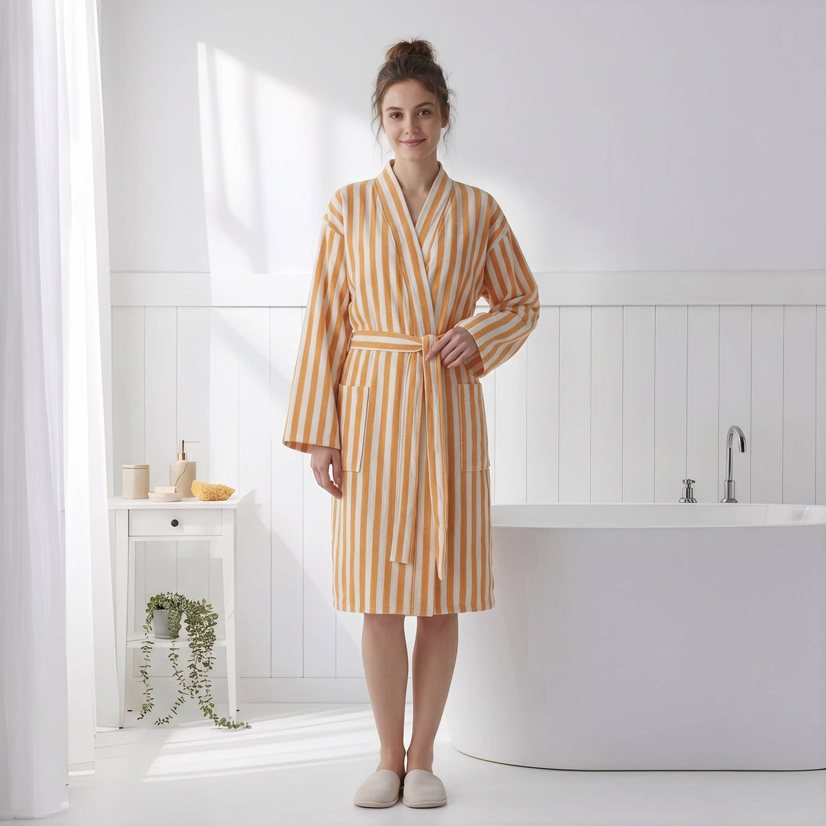 Zebra stripe Turkish cotton bathrobe in yellow and cream, kimono collar with belt | Kikoya