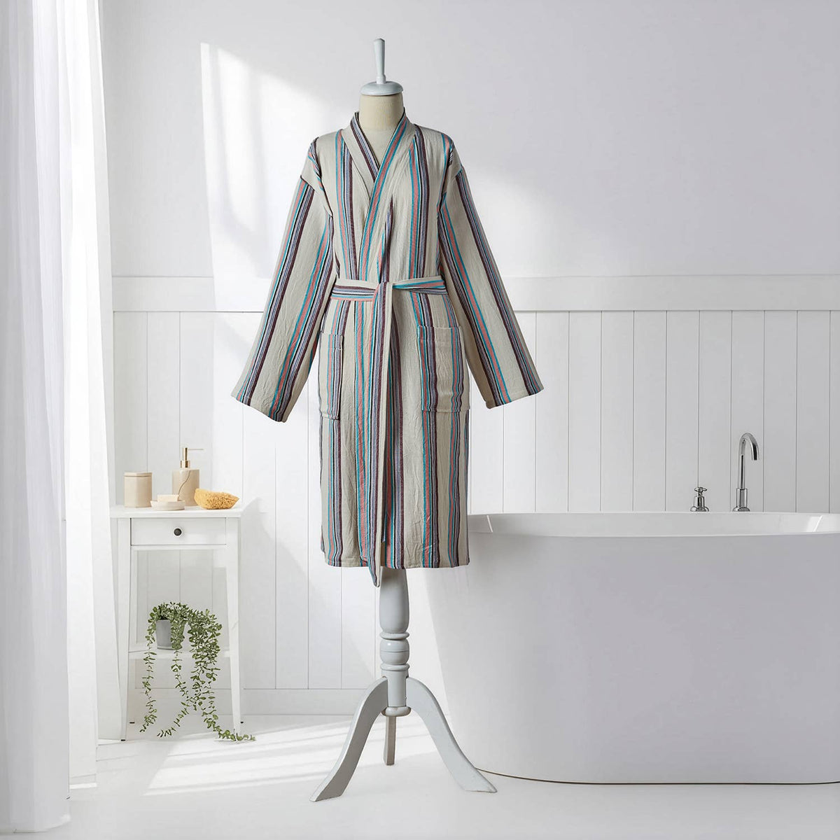 Antique Turkish kimono bathrobe – Cream & Teal Stripe | Kikoya