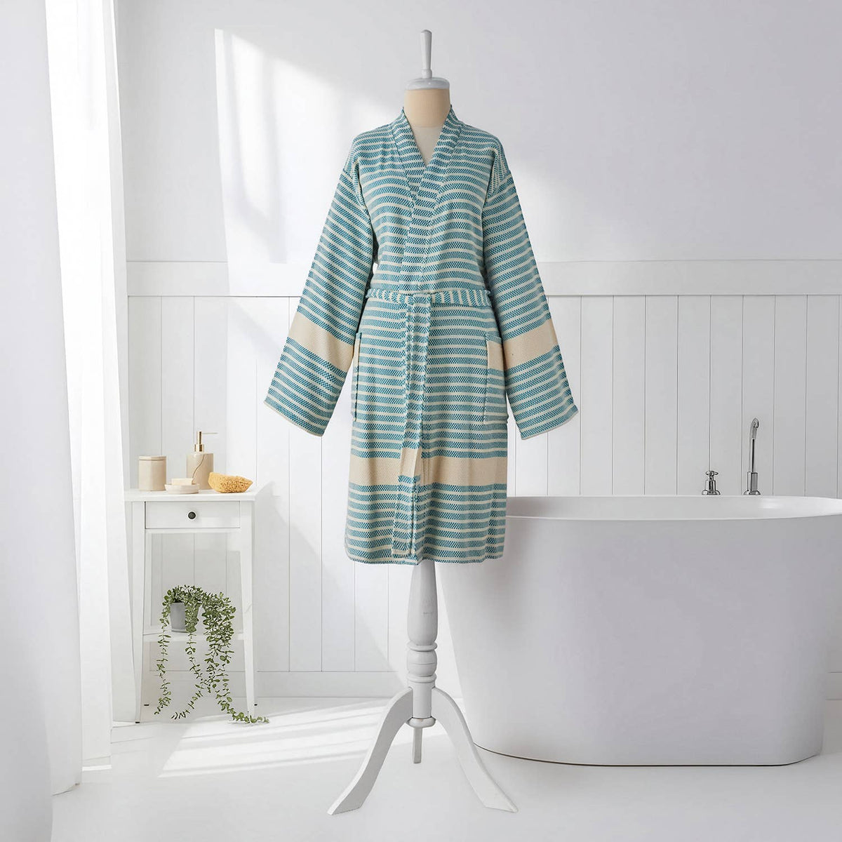 Midas Turkish cotton bathrobe in green stripe – kimono | Kikoya