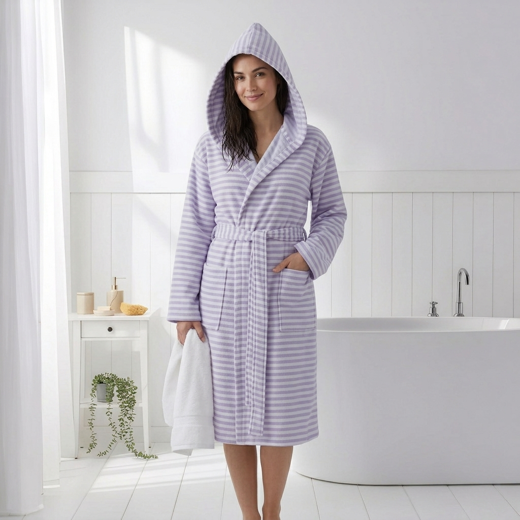 Royal terry-backed Turkish bathrobe – stripe, hooded | Kikoya