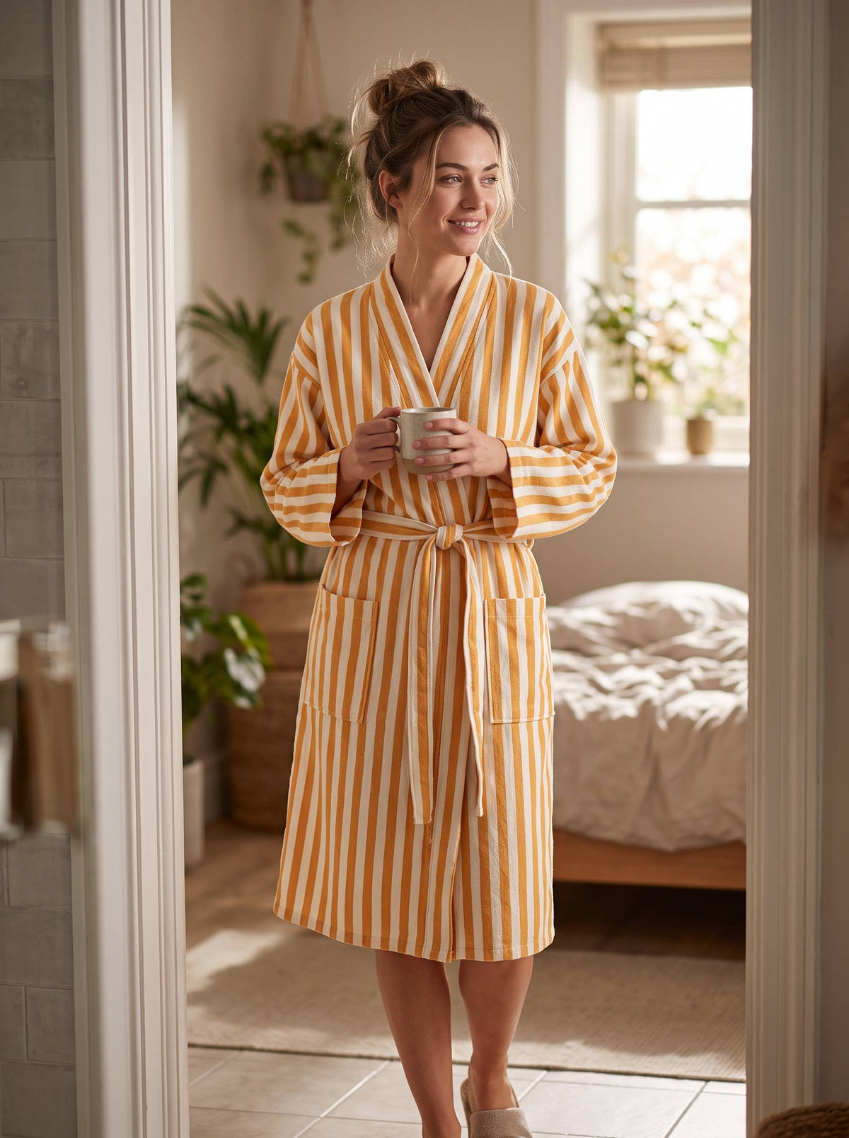 Yellow zebra stripe Turkish cotton bathrobe styled in a bedroom | Kikoya