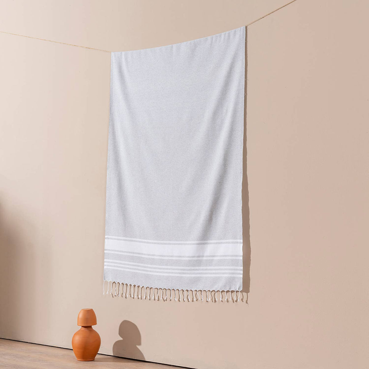 Fine stripe Turkish beach towel on cream, 33x66 in, flat-woven peshtemal | Kikoya