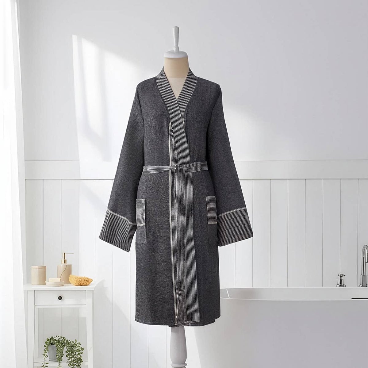 Ribbed Turkish cotton bathrobe in charcoal – kimono, belted | Kikoya