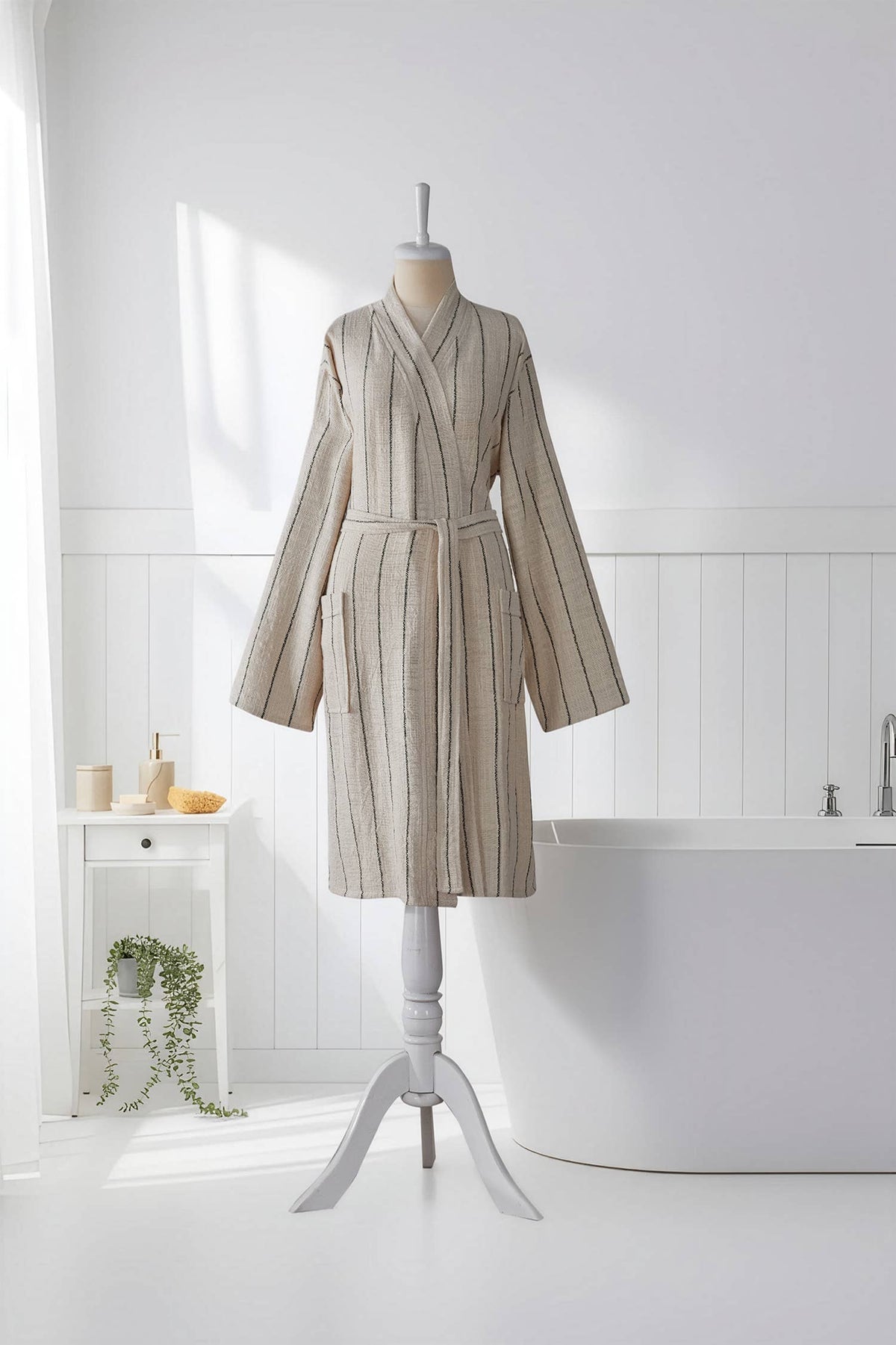 Santorini Turkish kimono bathrobe – Charcoal Stripe | Kikoya