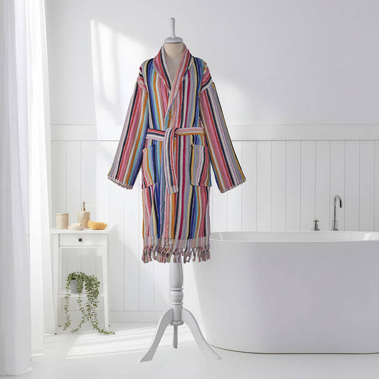 Pompom Turkish bathrobe – Bold Multicolor Stripe, Shawl Collar, front view | Kikoya