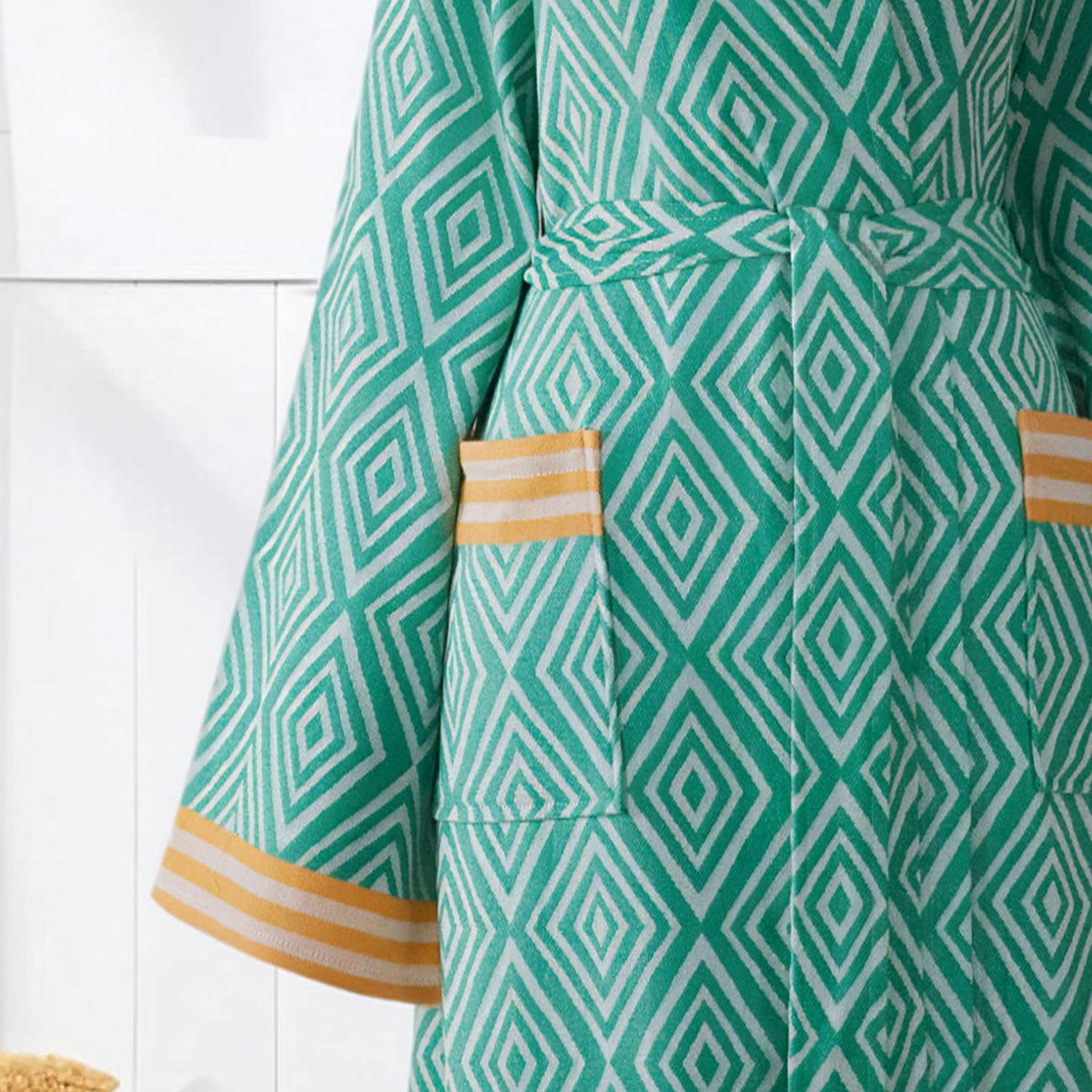 Diamond jacquard Turkish bathrobe – hooded, mustard trim | Kikoya