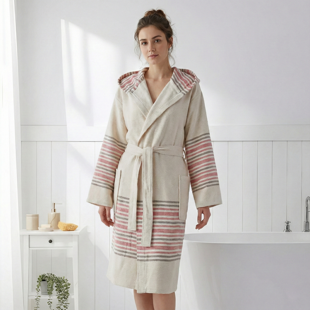 Linen-cotton Turkish bathrobe with terracotta stripes – hooded | Kikoya