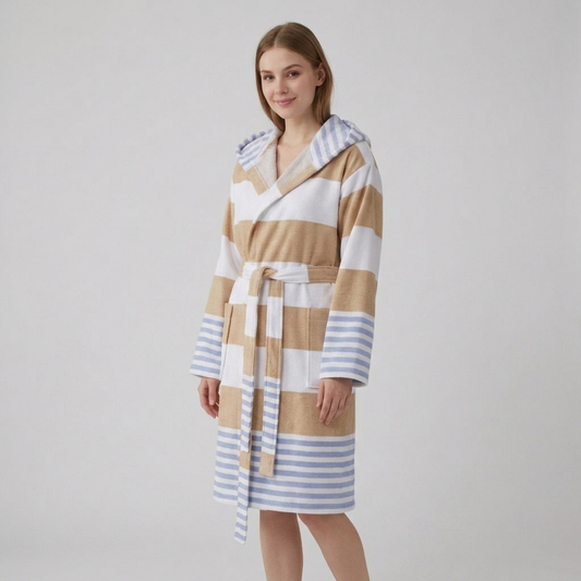 Mediterranean terry-backed Turkish bathrobe – block stripe | Kikoya