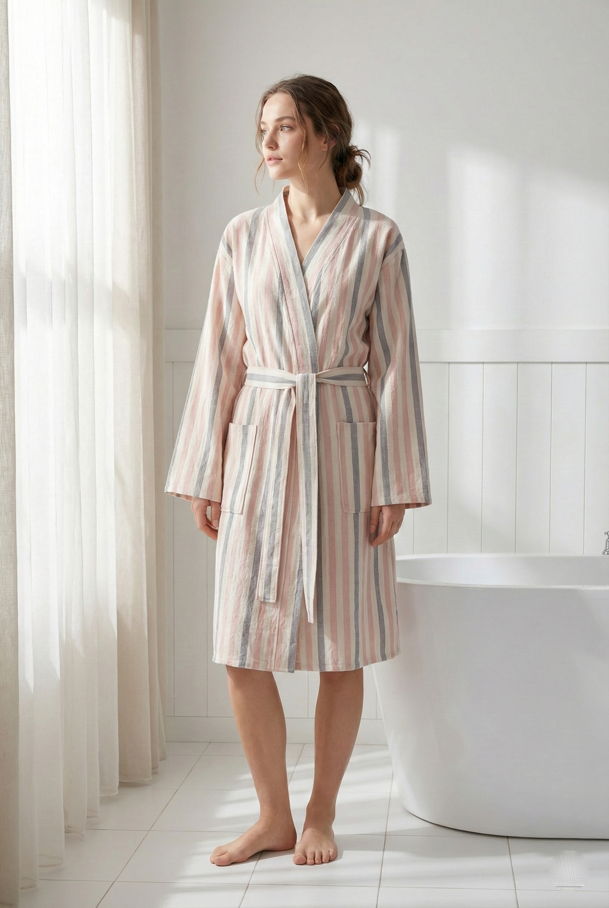 Fine stripe Turkish cotton bathrobe in blush – kimono | Kikoya