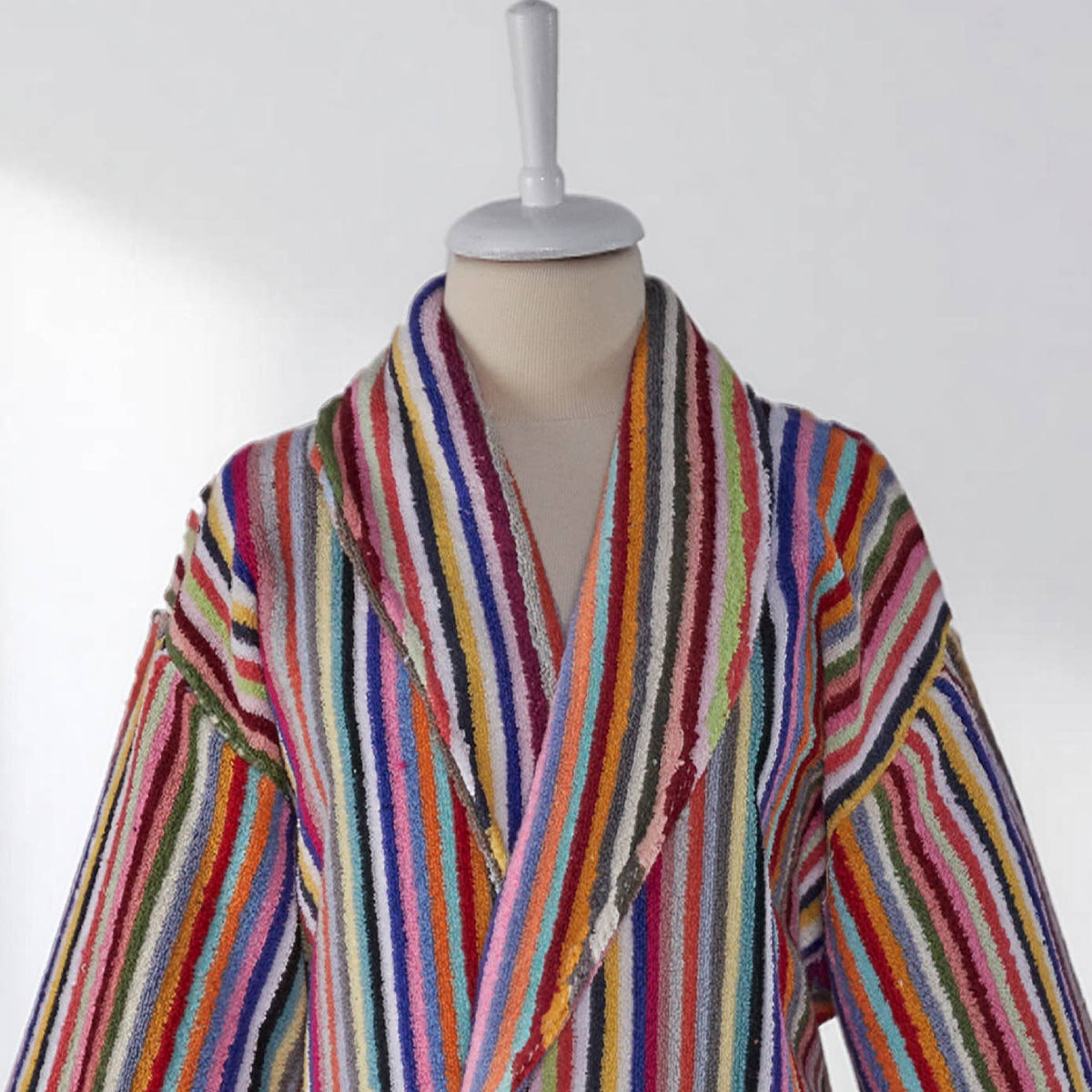 Pompom Turkish bathrobe – Multicolor Stripe, Shawl Collar, back view | Kikoya