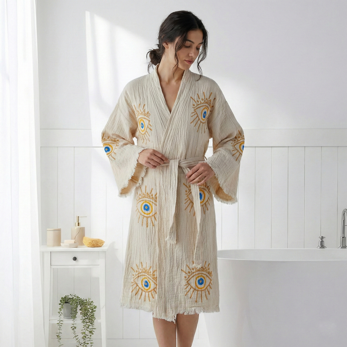 Block-print Turkish cotton kimono robe – Evil Eye Mustard & Blue | Kikoya