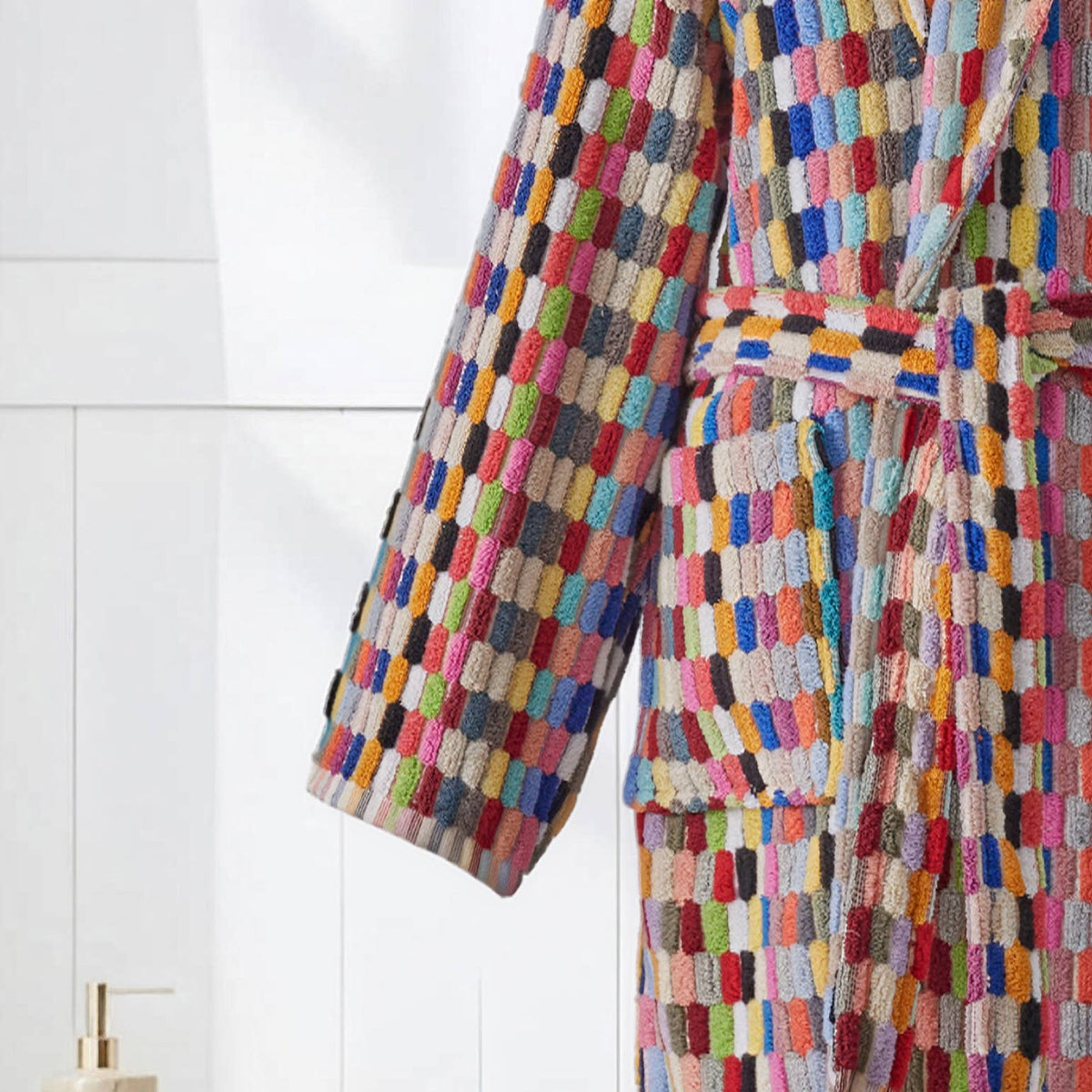 Pompom Turkish bathrobe – Lokum Multicolor, Shawl Collar, back view | Kikoya