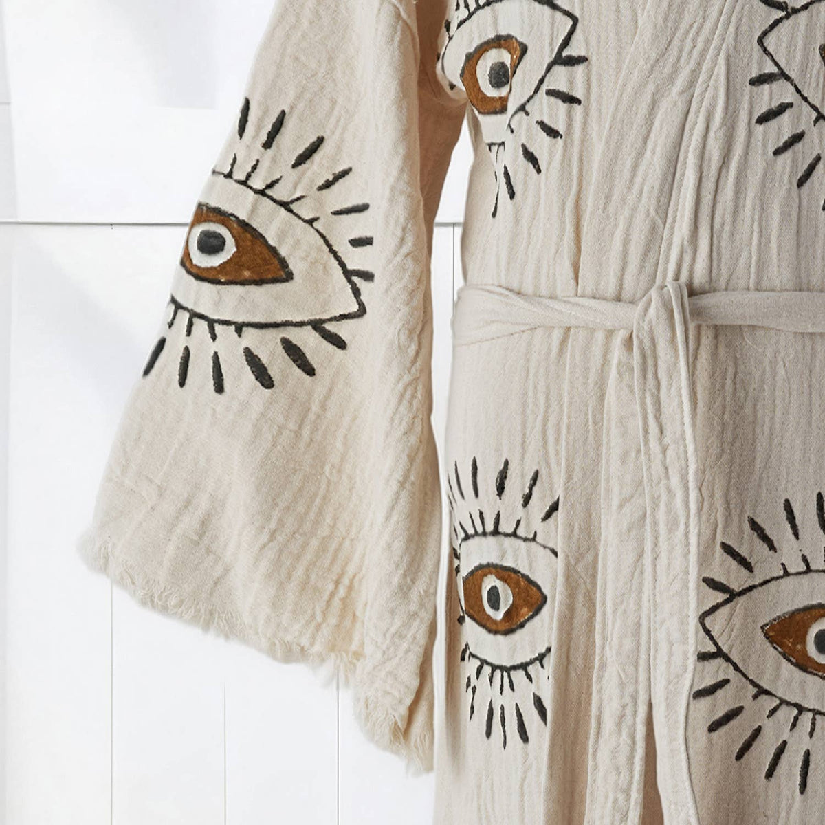 Block-print Turkish cotton kimono robe – Evil Eye Brown & Black | Kikoya