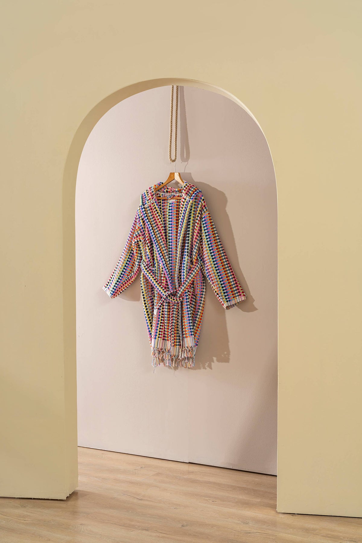 Pompom Turkish bathrobe – Multicolor, Hooded, hood detail | Kikoya