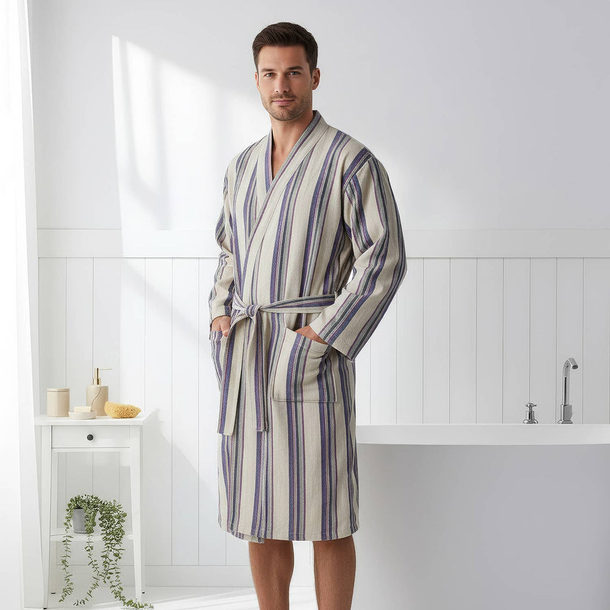 Multi stripe Turkish bathrobe in grey & blue – kimono | Kikoya