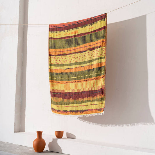 Ethnic jacquard Turkish beach towel in yellow and green, flat-woven | Kikoya