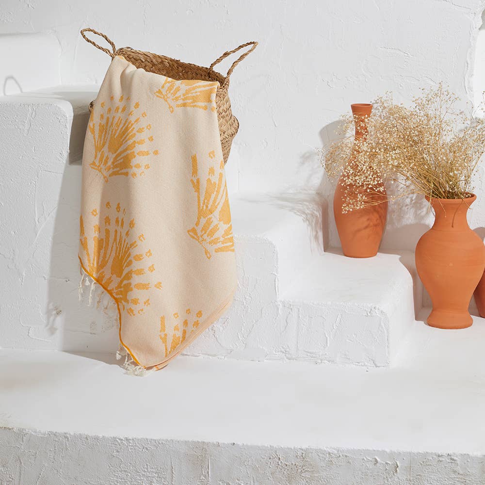 Pearls Turkish towel with coral-sprig jacquard and terry back, 35x70 in | Kikoya