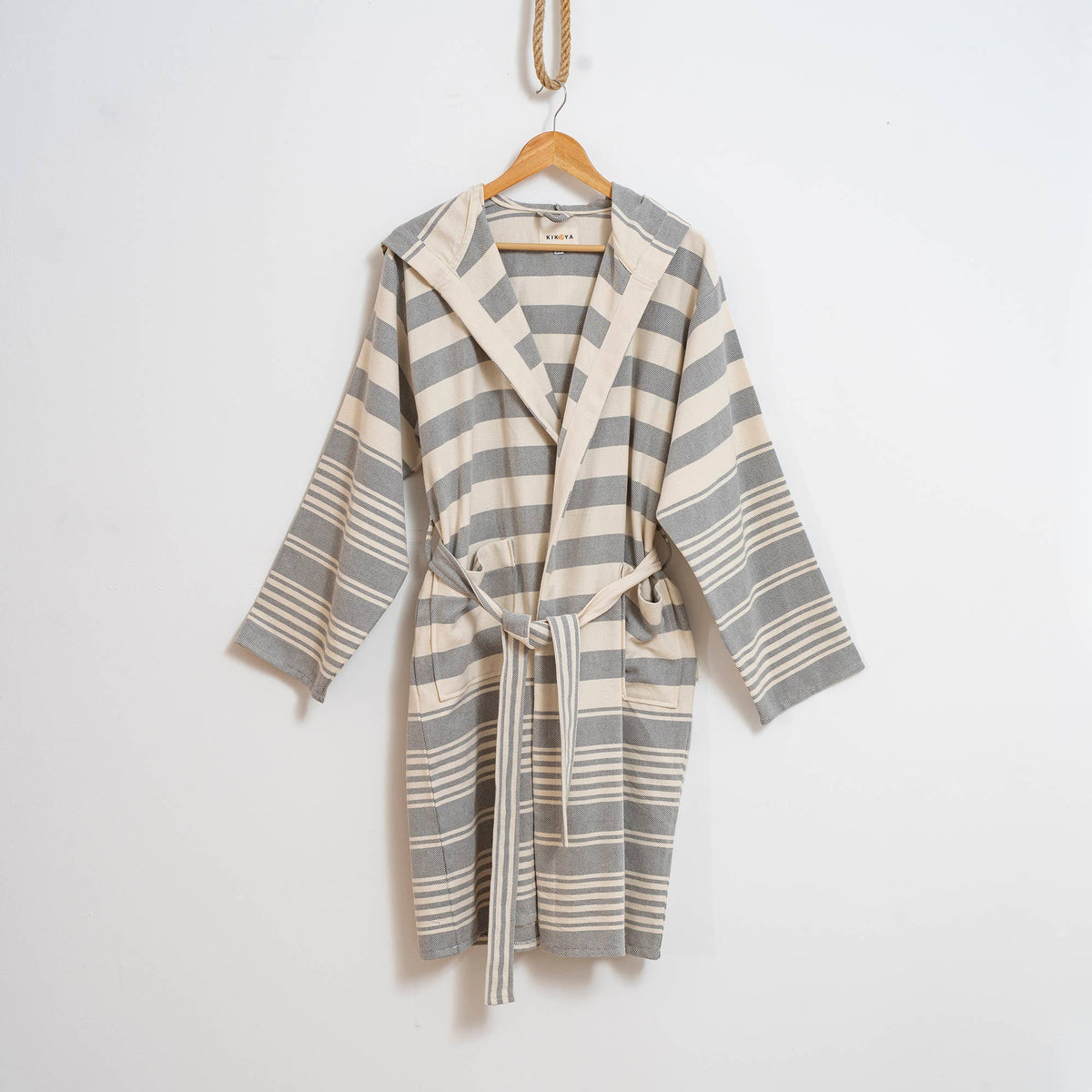 Anatolia flat-woven Turkish bathrobe – stripe, hooded, fringed hem | Kikoya