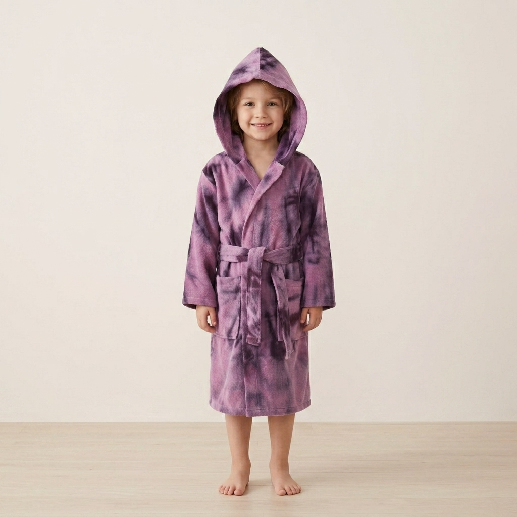 Hand tie-dyed kids Turkish bathrobe – hooded, ages 5-8 | Kikoya