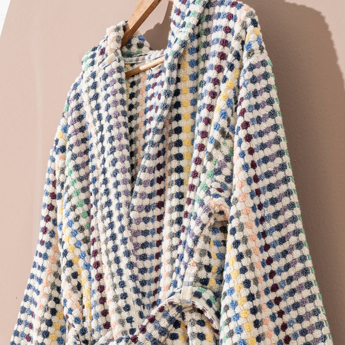 Pompom Turkish bathrobe – Multicolor Melange, Hooded, styled view | Kikoya