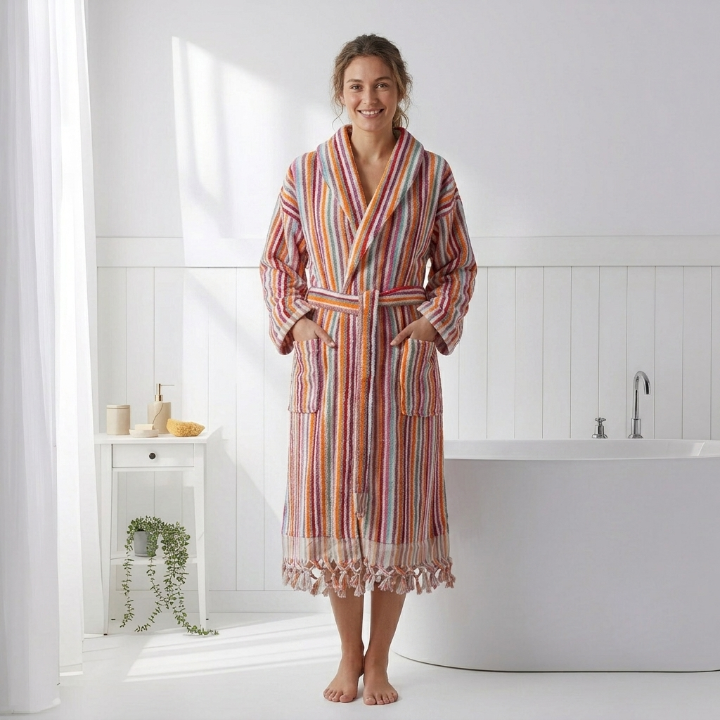 Pompom Turkish bathrobe – Pink Multi Stripe, Shawl Collar, front view | Kikoya