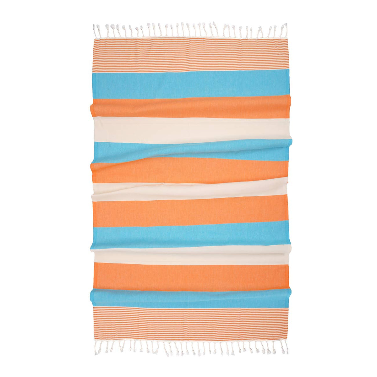 Orange and turquoise Hawaiian block stripe Turkish towel shown flat with knotted fringe | Kikoya