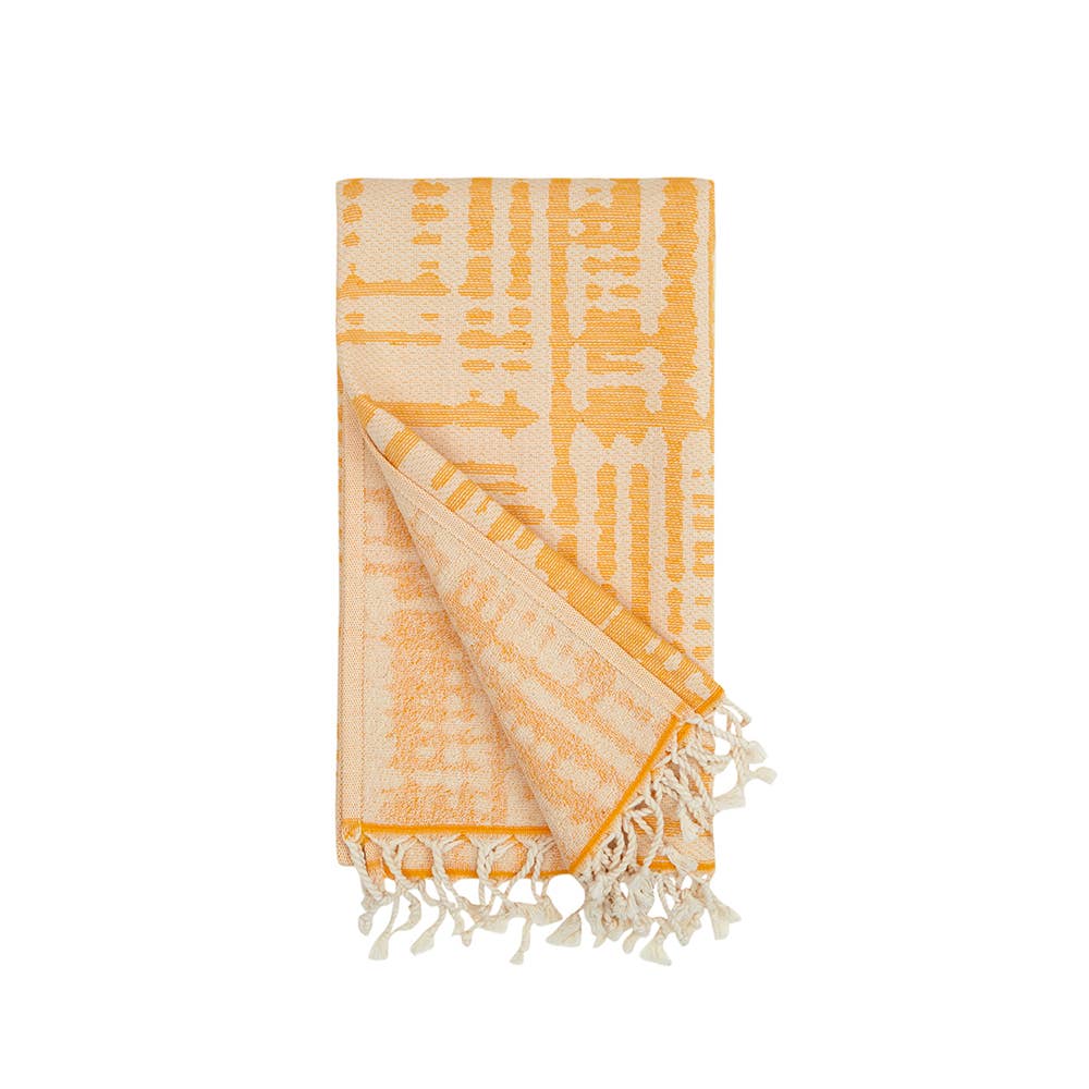 Vintage terry-backed Turkish towel with faded block jacquard, 35x70 in | Kikoya