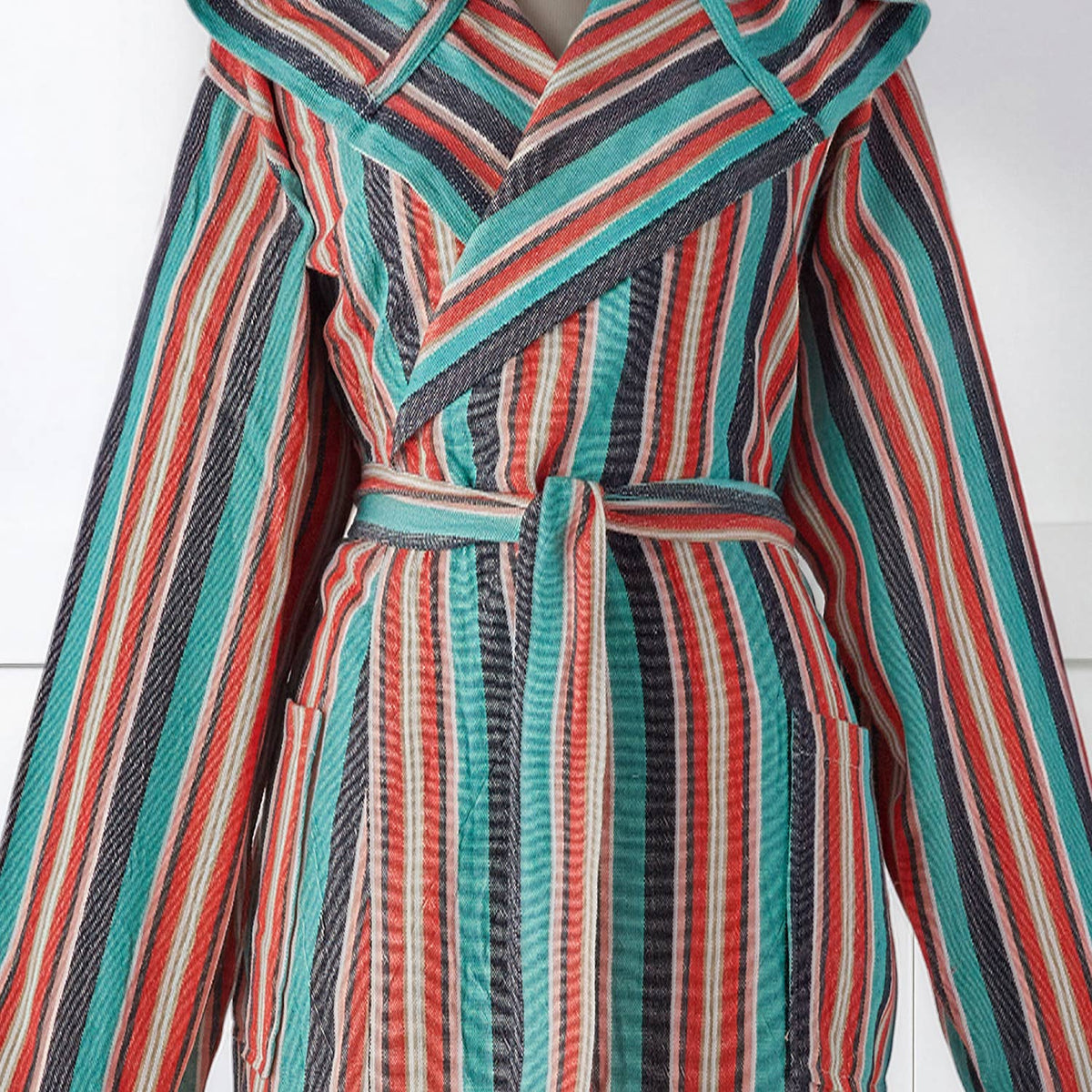 Multi stripe Turkish bathrobe in teal & coral – hooded | Kikoya