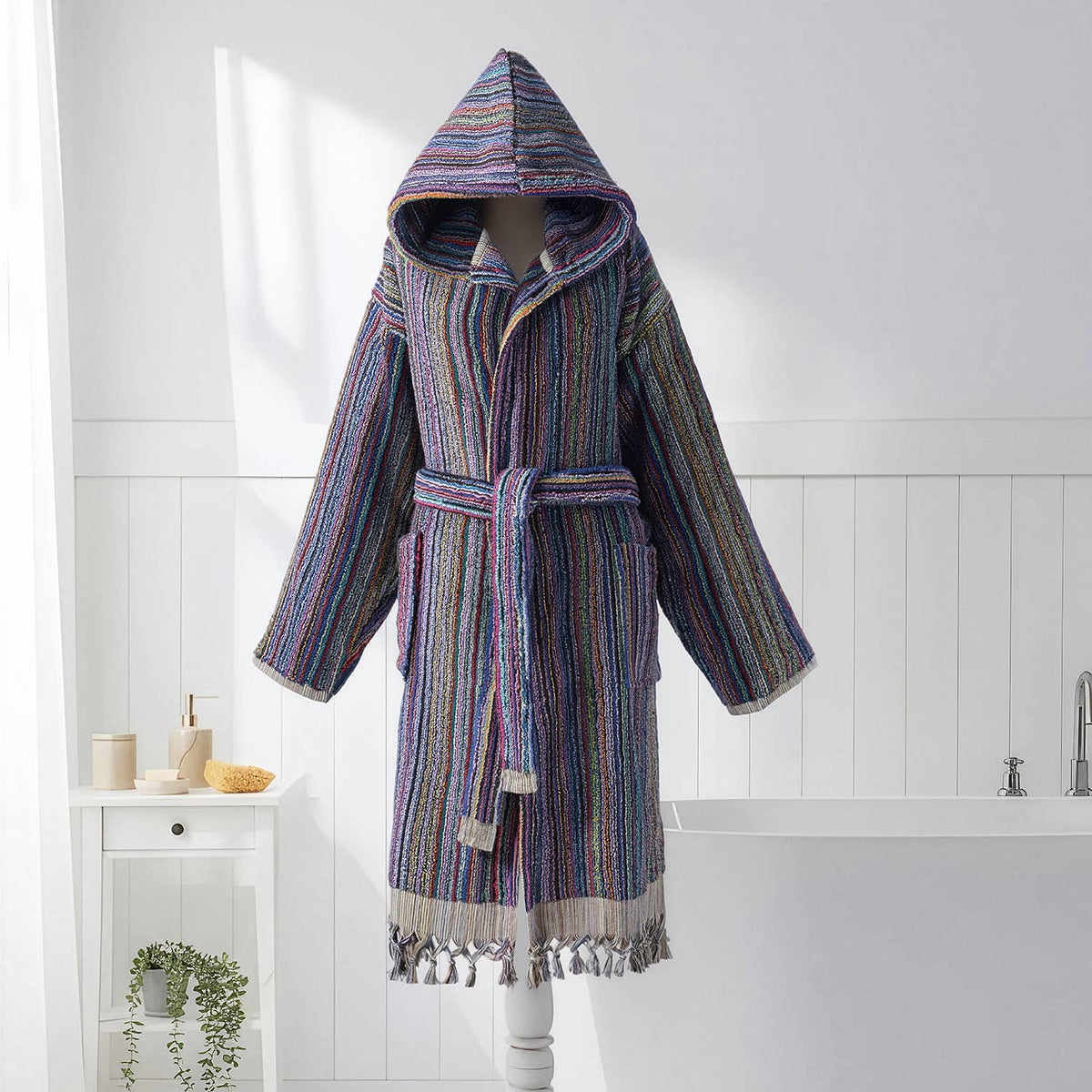 Pompom Turkish bathrobe – Purple Multi Stripe, Hooded, styled view | Kikoya