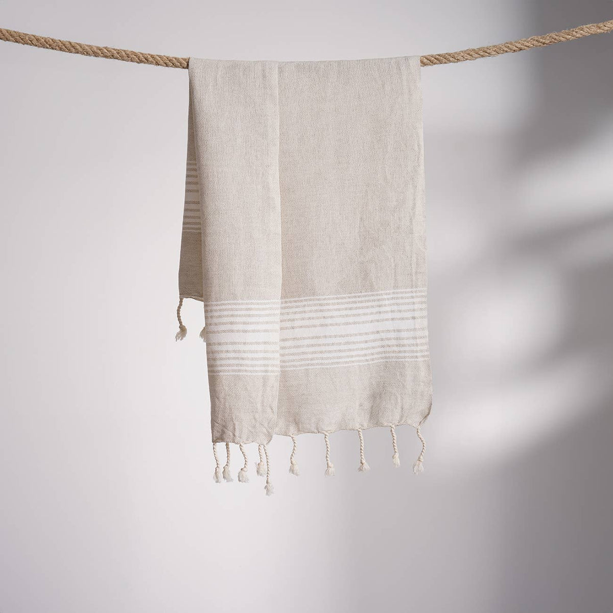 Linen-cotton Turkish hand towel with woven tribal border, 17x38 in | Kikoya