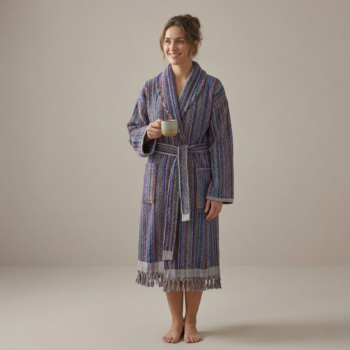 Pompom Turkish bathrobe – Purple Multi Stripe, Shawl Collar, front view | Kikoya