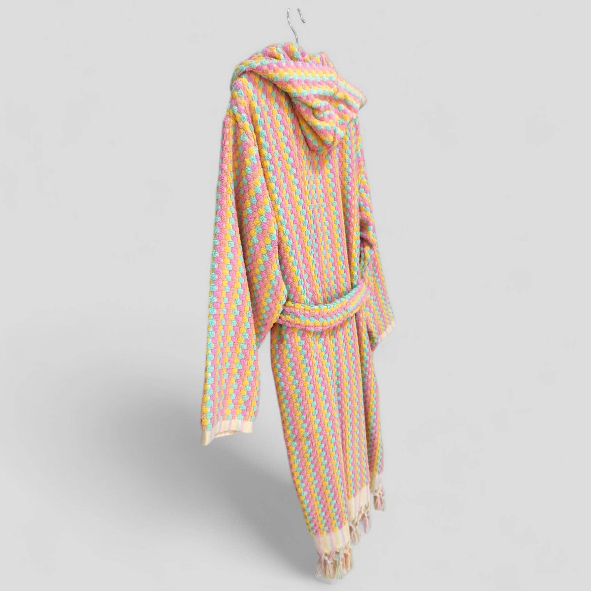 Pompom Turkish bathrobe – Pink & Orange, Hooded, hood detail | Kikoya