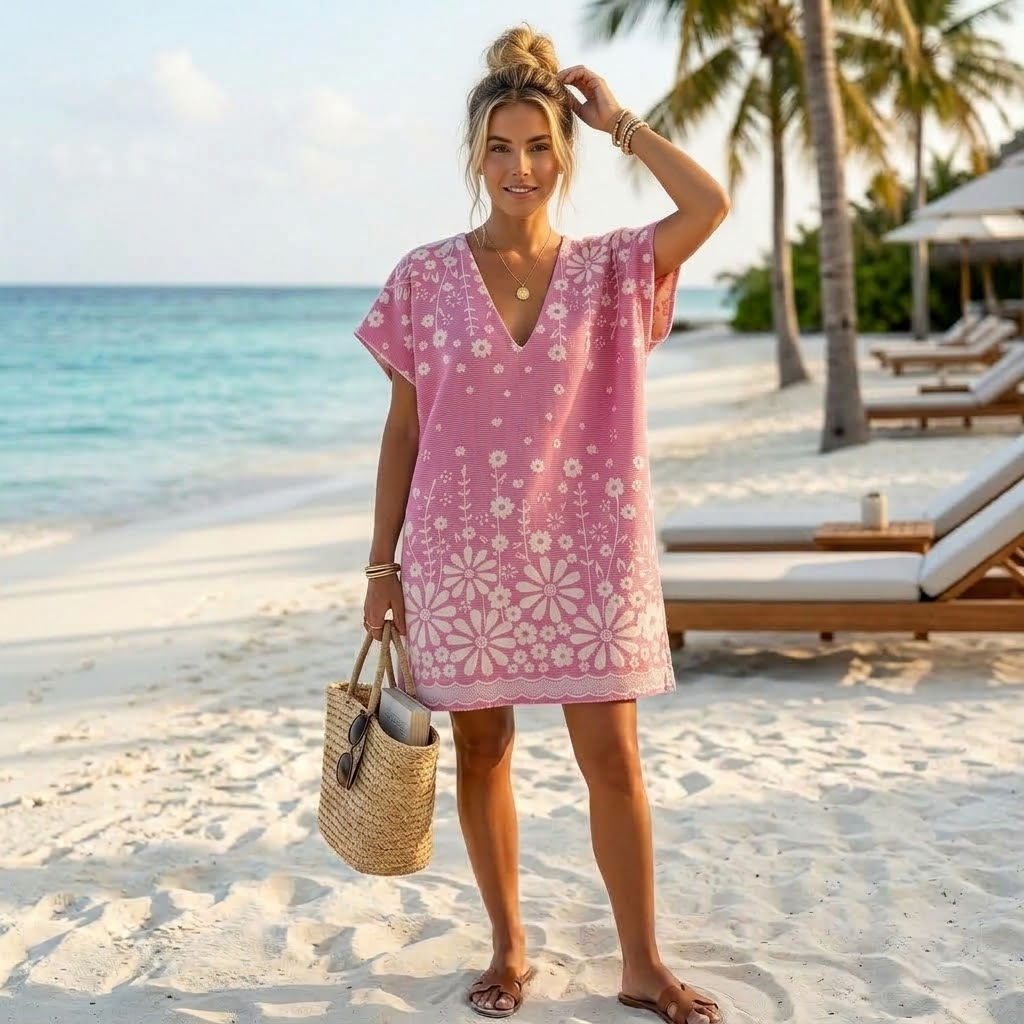 Adult V-neck beach cover-up poncho in Daisy Fuchsia, terry-backed Turkish cotton | Kikoya