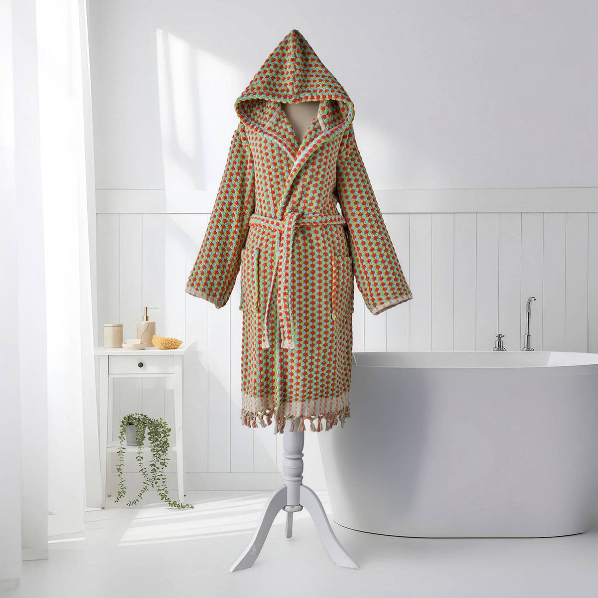 Pompom Turkish bathrobe – Green & Pink, Hooded, belt and pocket detail | Kikoya