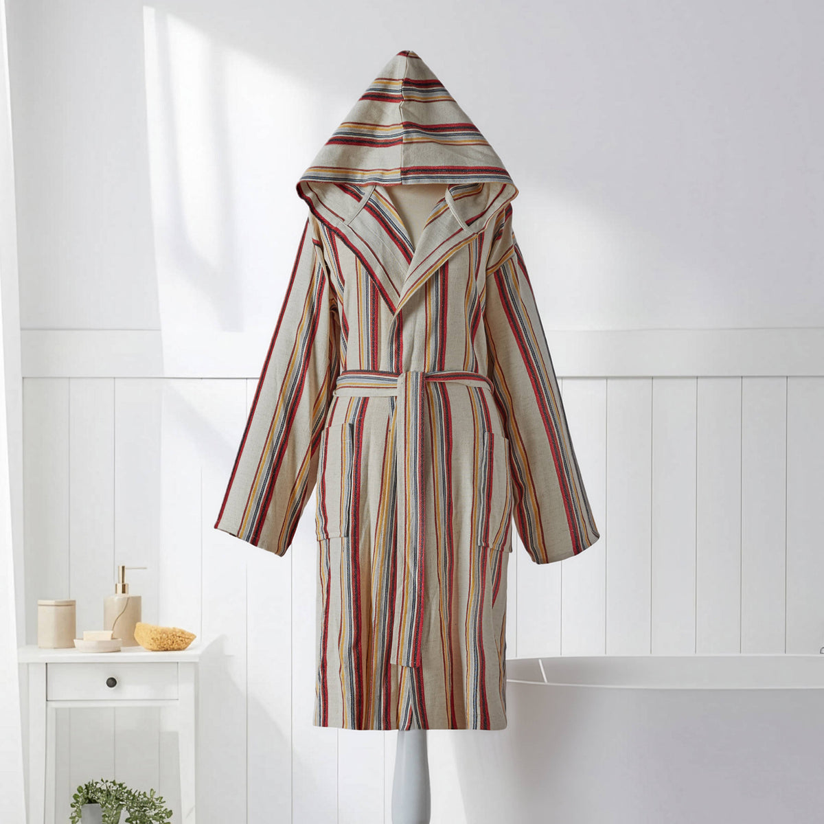 Rainbow linen-cotton Turkish bathrobe – stripe, hooded | Kikoya