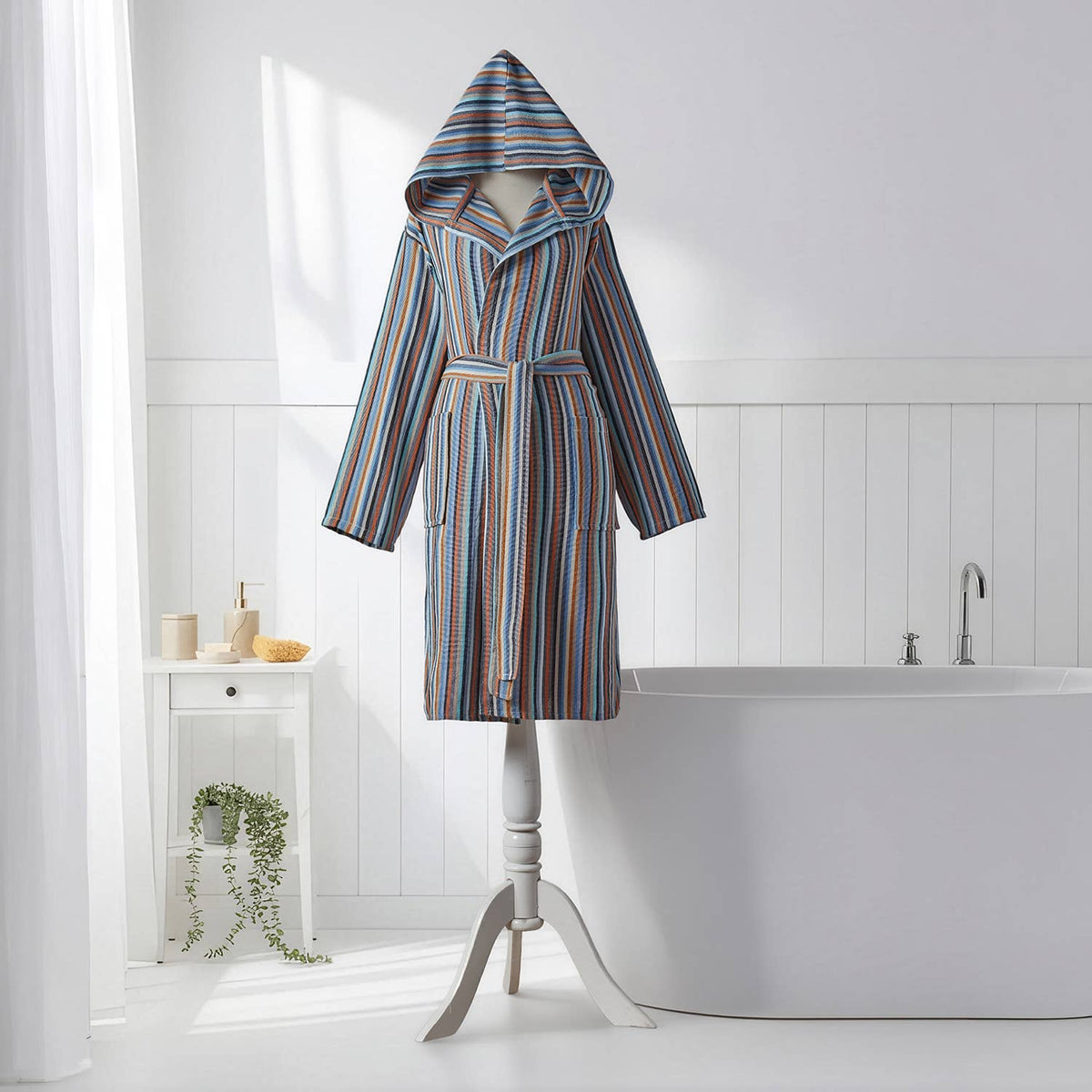 Antique Turkish hooded bathrobe – Charcoal & Teal Stripe | Kikoya