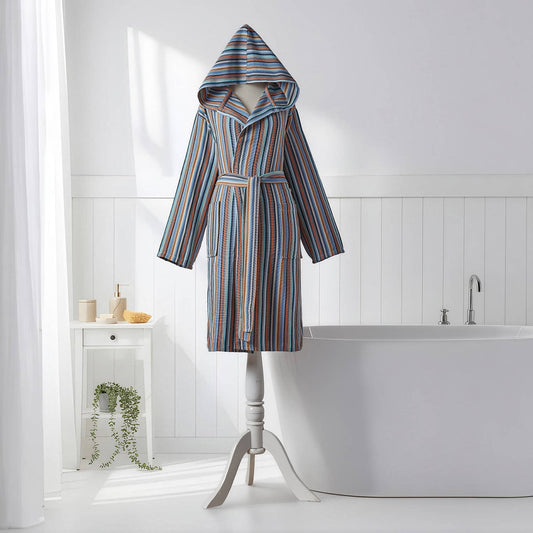 Antique Turkish hooded bathrobe – Charcoal & Teal Stripe | Kikoya