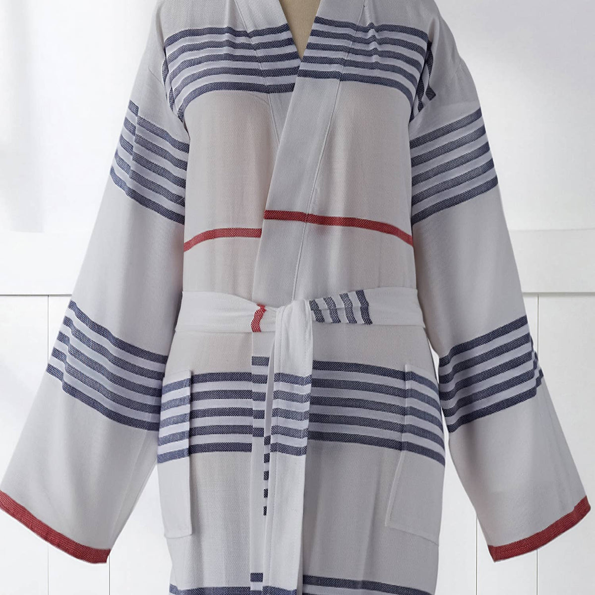 Nautical stripe Turkish bathrobe in navy & red – kimono | Kikoya
