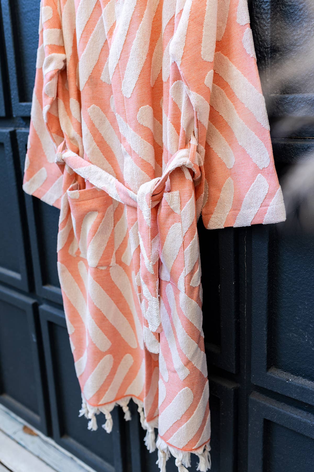 Fishbone raised terry Turkish bathrobe with a herringbone jacquard, hooded | Kikoya