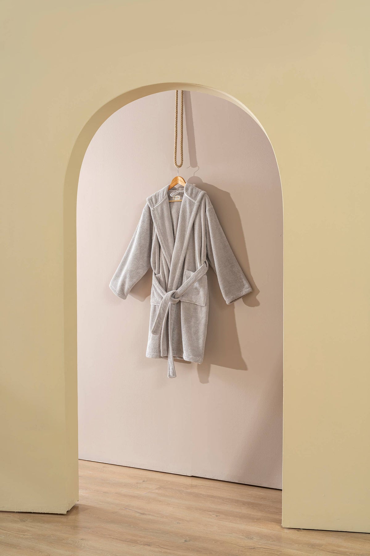 Pompom Turkish bathrobe – Pebble, Hooded, folded view | Kikoya