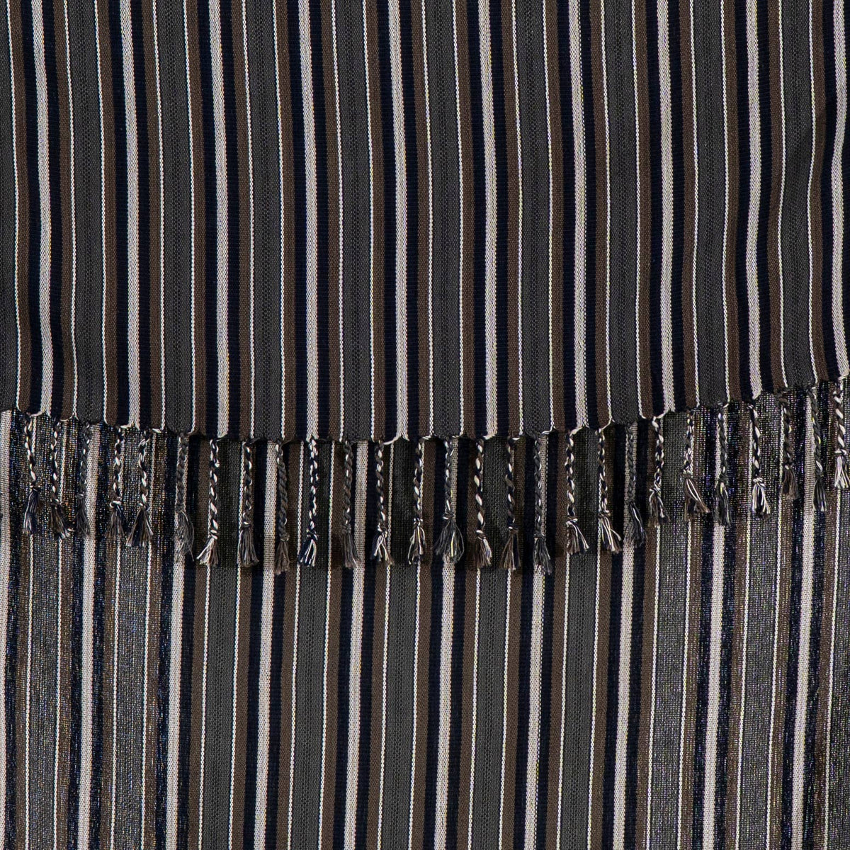 Close-up of the rustic flat weave and cream pinstripes on graphite cotton | Kikoya