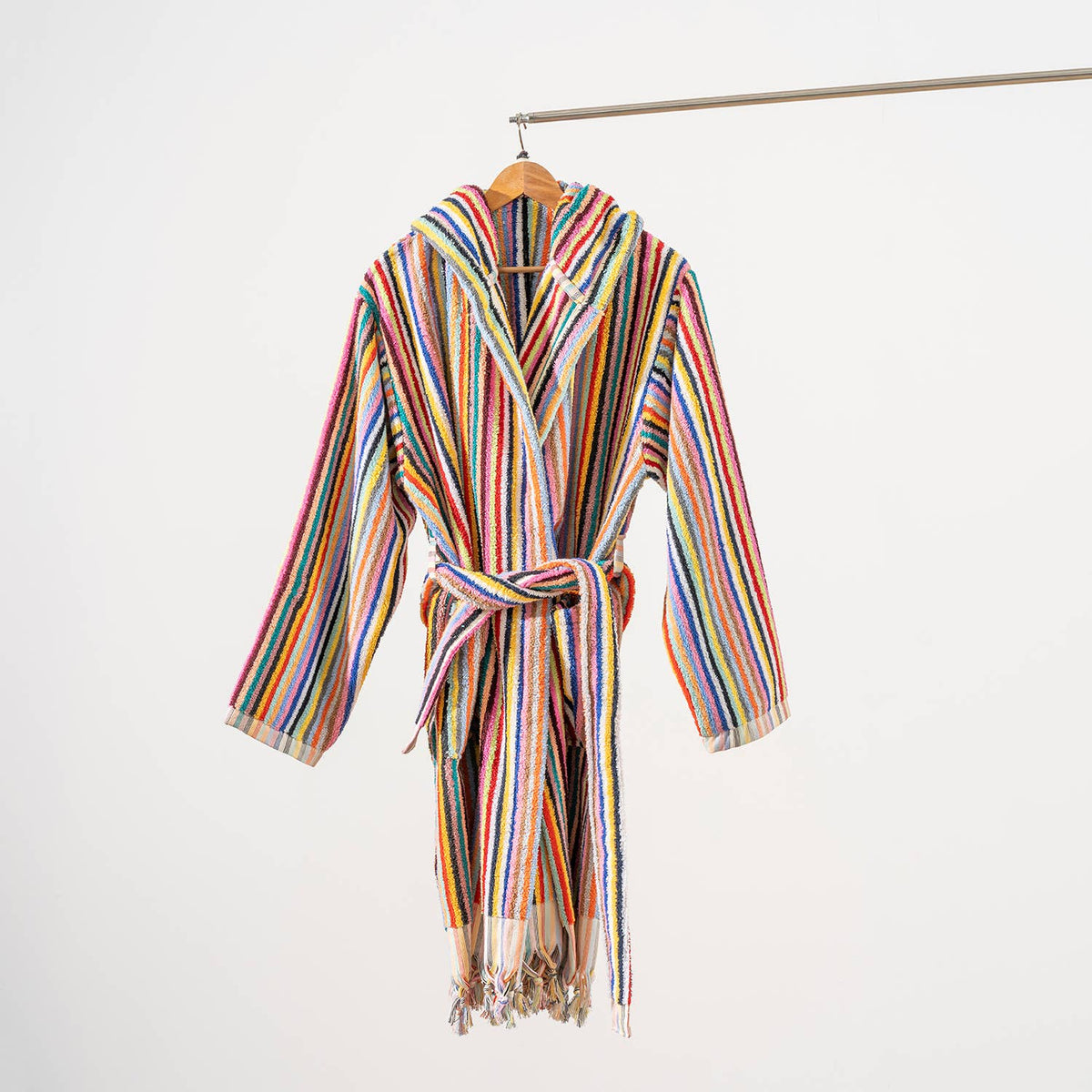 Pompom Turkish bathrobe – Multicolor Pinstripe, Hooded, back view | Kikoya