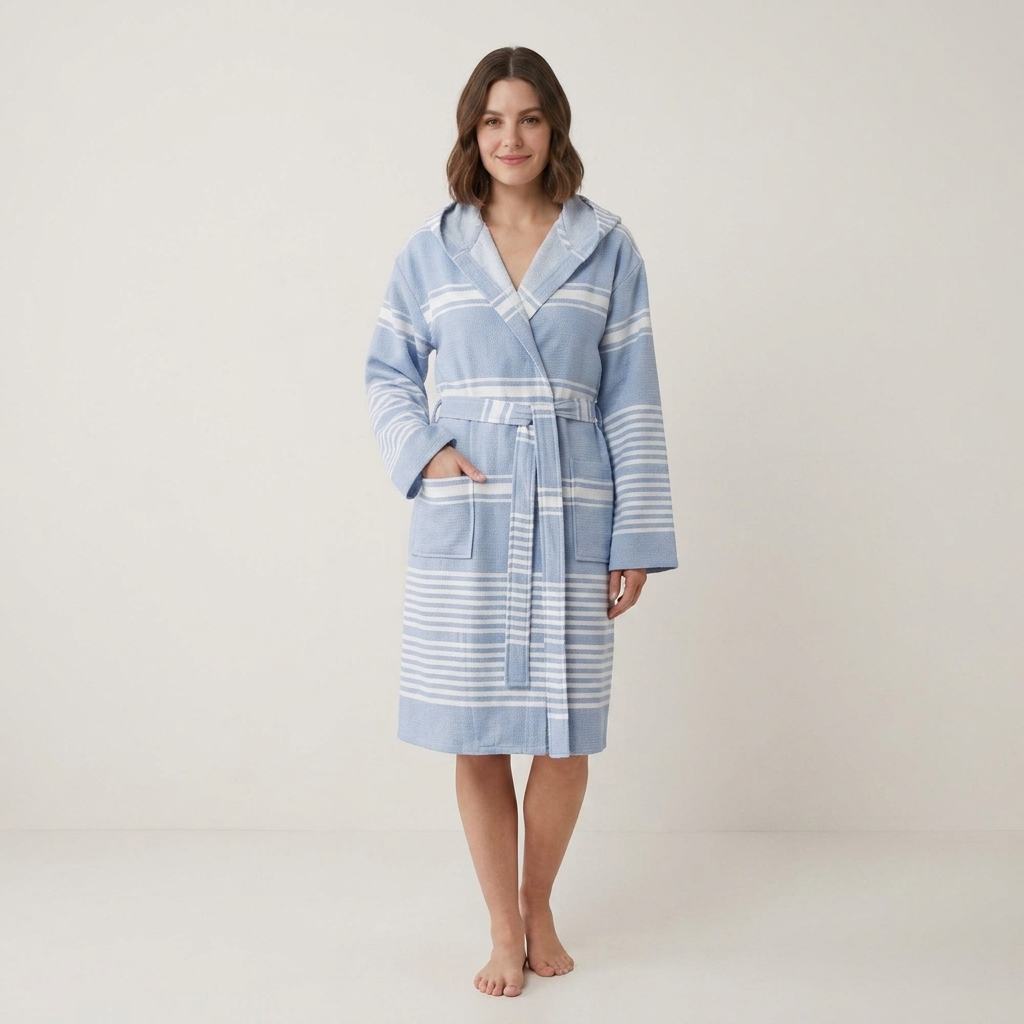 Wide stripe terry-backed Turkish bathrobe – hooded | Kikoya