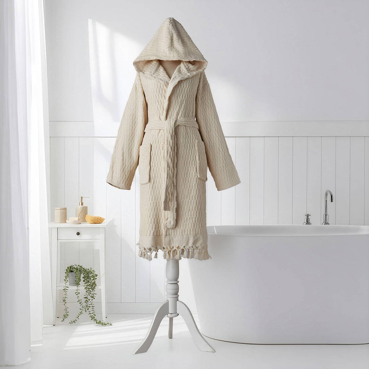 Pompom Turkish bathrobe – Lokum Natural, Hooded, full-length view | Kikoya
