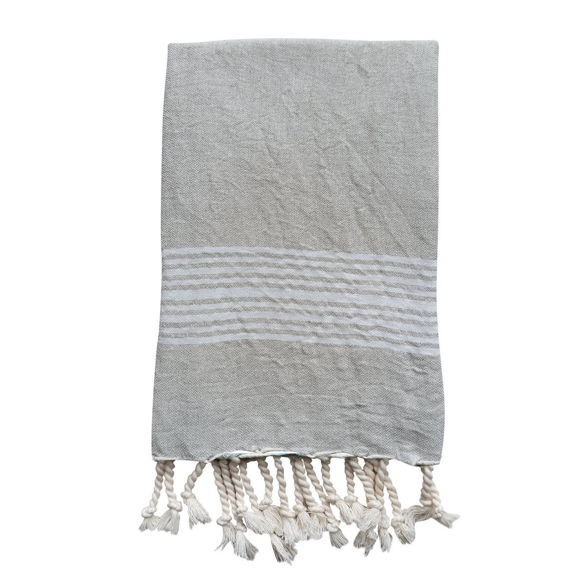 Linen-cotton Turkish towel with tonal stripe band and tassels, 33x67 in | Kikoya