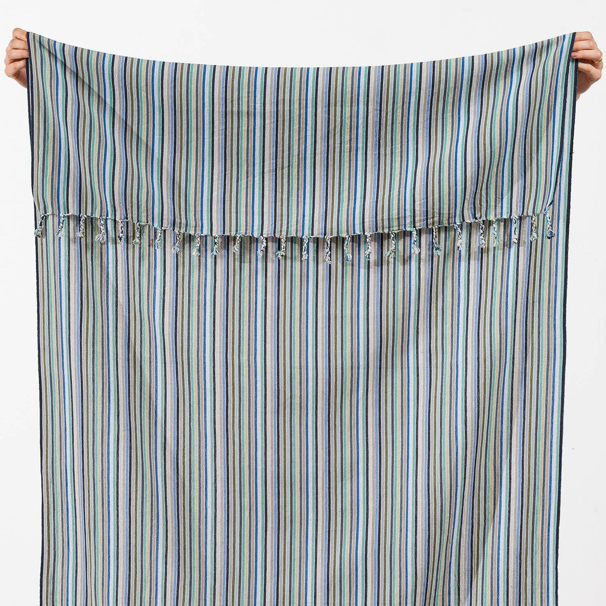 Aqua & Navy Stripe Turkish towel, woven texture close-up | Kikoya